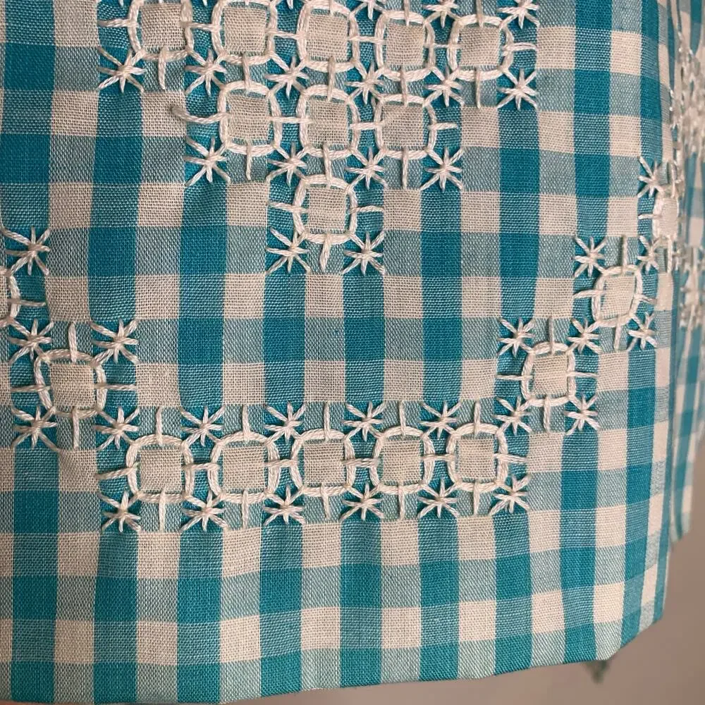 Vintage Turquoise Gingham Half Apron Hand Embroidered OSFM